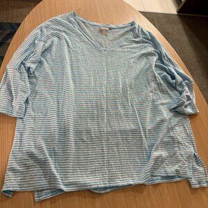 Chico's Striped Blouse Chicos Size 3 US Size XL Blue and White 100% Linen V Neck